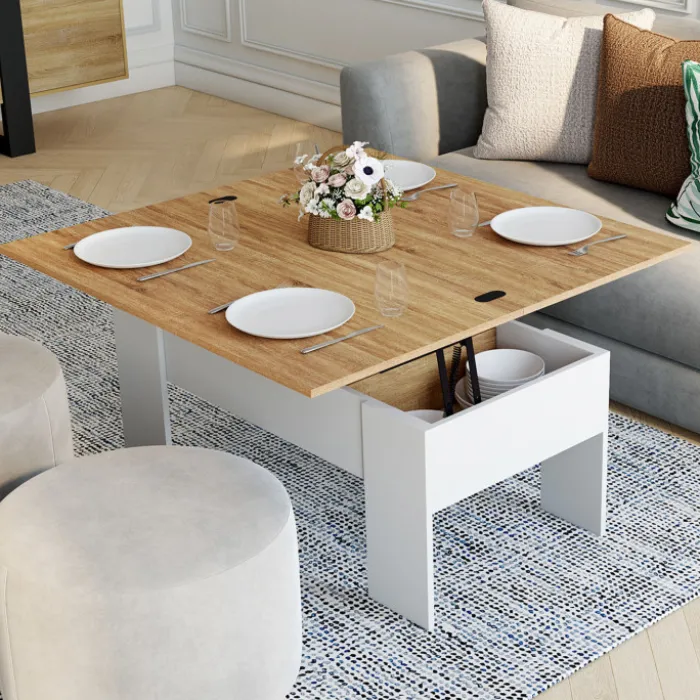 Table basse rectangulaire double plateau relevable bois imitation hêtre