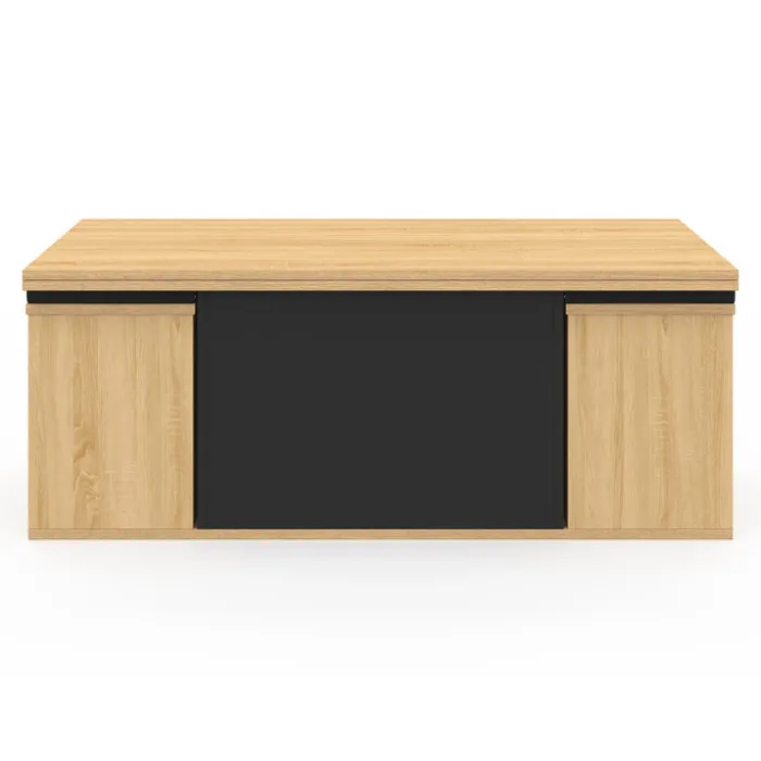Table basse rectangulaire double plateau relevable avec poufs bois et noir convertible en table à manger
