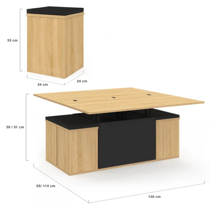 Table basse rectangulaire double plateau relevable avec poufs bois et noir convertible en table à manger
