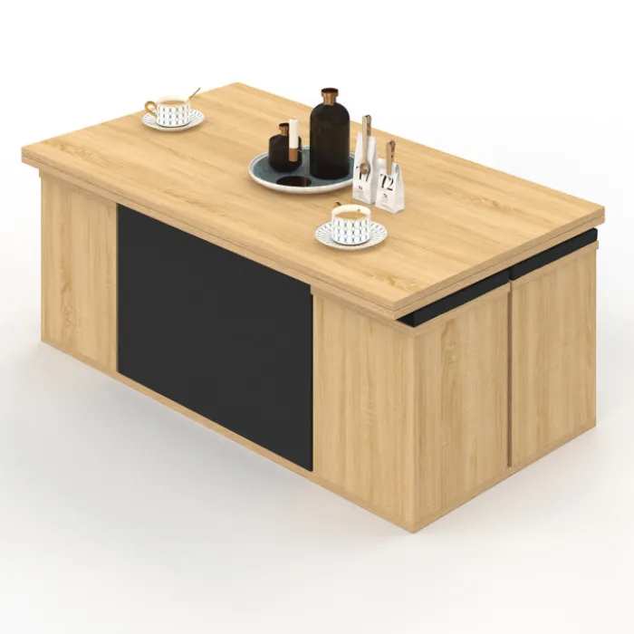 Table basse rectangulaire double plateau relevable avec poufs bois et noir convertible en table à manger