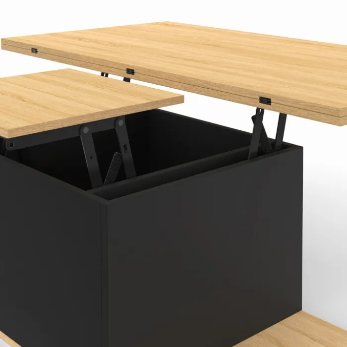 Table basse rectangulaire double plateau relevable avec poufs bois et noir convertible en table à manger
