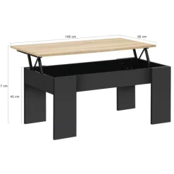 Table basse rectangulaire relevable bois noir et imitation hêtre