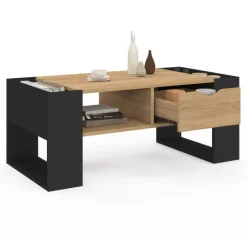 Table basse rectangulaire avec tiroir bois noir et façon hêtre