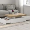 Table basse rectangulaire 2 tiroirs blanc avec plateau façon hêtre 100 cm