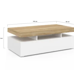 Table basse rectangulaire 2 tiroirs blanc avec plateau façon hêtre 100 cm