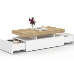 Table basse rectangulaire 2 tiroirs blanc avec plateau façon hêtre 100 cm