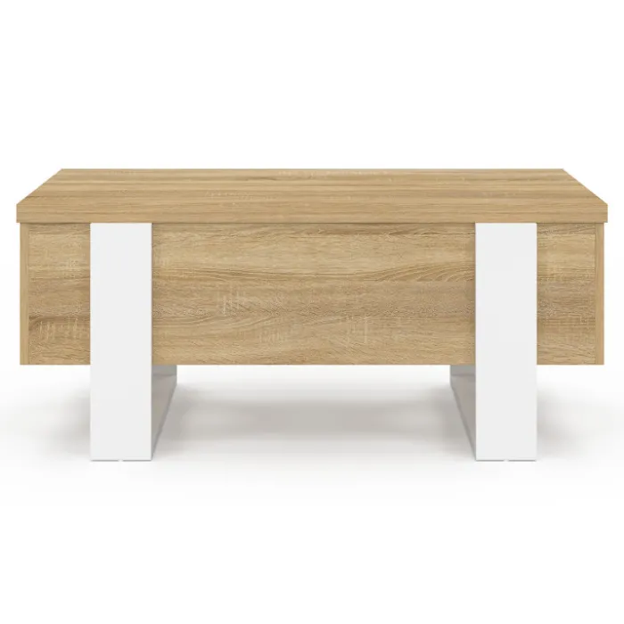 Table basse rectangulaire relevable convertible en table à manger bois et blanc