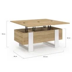 Table basse rectangulaire relevable convertible en table à manger bois et blanc