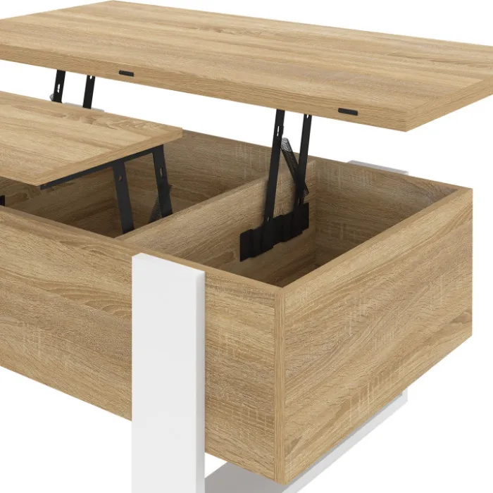 Table basse rectangulaire relevable convertible en table à manger bois et blanc