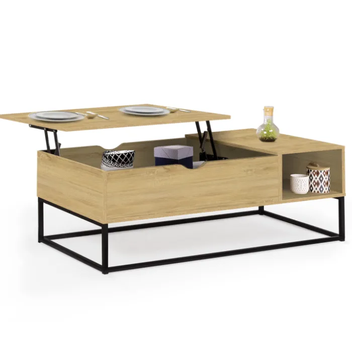 Table basse relevable bois et métal avec rangements