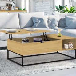 Table basse relevable bois et métal avec rangements