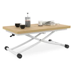 Table basse relevable en table à manger industrielle avec plateau façon hêtre
