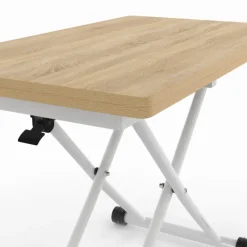 Table basse relevable en table à manger industrielle avec plateau façon hêtre