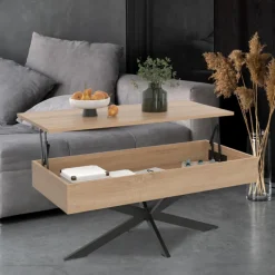 Table basse relevable industrielle rectangulaire bois et noir 100 cm pied araignée