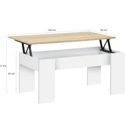 Table basse relevable rectangulaire bois blanc et imitation hêtre