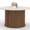 Table basse ronde 70 cm lattes effet noyer et plateau travertin