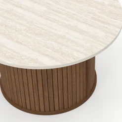 Table basse ronde 70 cm lattes effet noyer et plateau travertin
