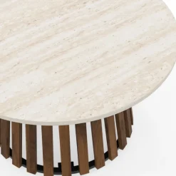 Table basse ronde 70 cm pied bois en lattes effet noyer et plateau travertin