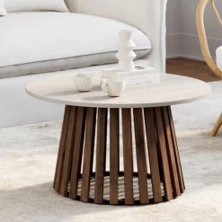 Table basse ronde 70 cm pied bois en lattes effet noyer et plateau travertin
