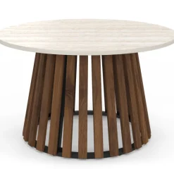 Table basse ronde 70 cm pied bois en lattes effet noyer et plateau travertin