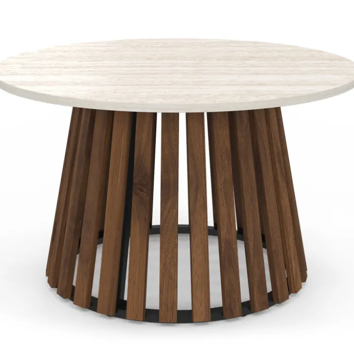 Table basse ronde 70 cm pied bois en lattes effet noyer et plateau travertin