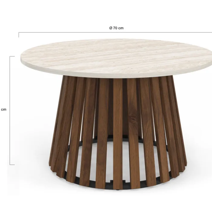 Table basse ronde 70 cm pied bois en lattes effet noyer et plateau travertin