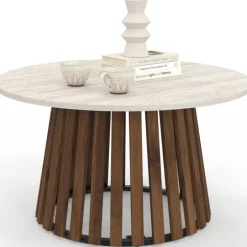Table basse ronde 70 cm pied bois en lattes effet noyer et plateau travertin