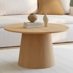 Table basse ronde bois effet hêtre 70 cm pied central