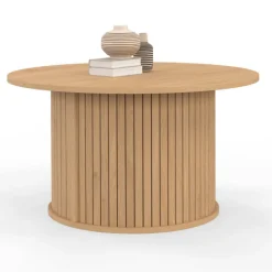 Table basse ronde moderne 70 cm lattes coloris chêne