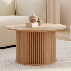 Table basse ronde moderne 70 cm lattes coloris chêne