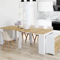Table buffet extensible 10 personnes 235 cm bois blanc et façon hêtre