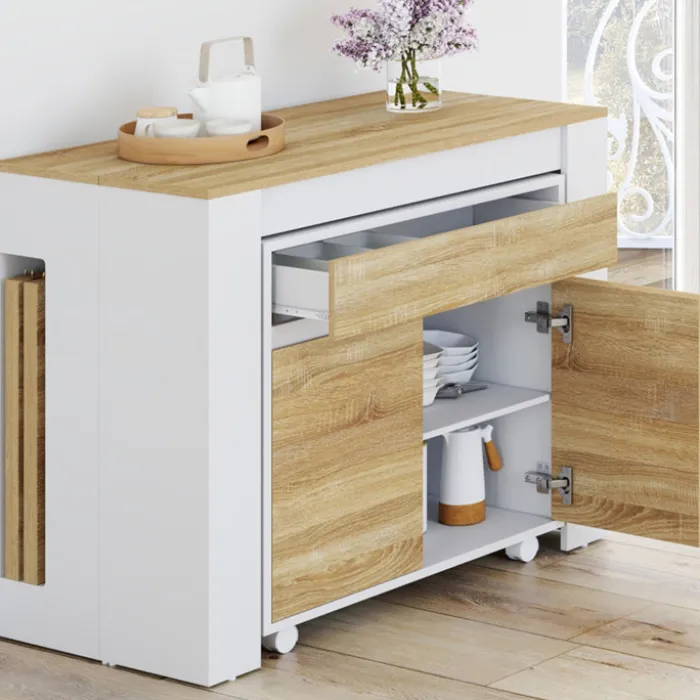 Table buffet extensible 10 personnes 235 cm bois blanc et façon hêtre