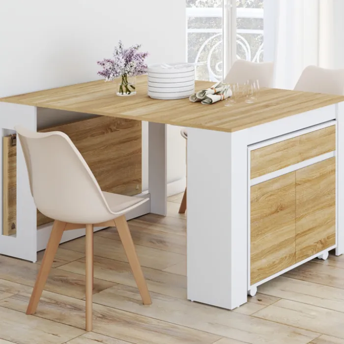 Table buffet extensible 10 personnes 235 cm bois blanc et façon hêtre