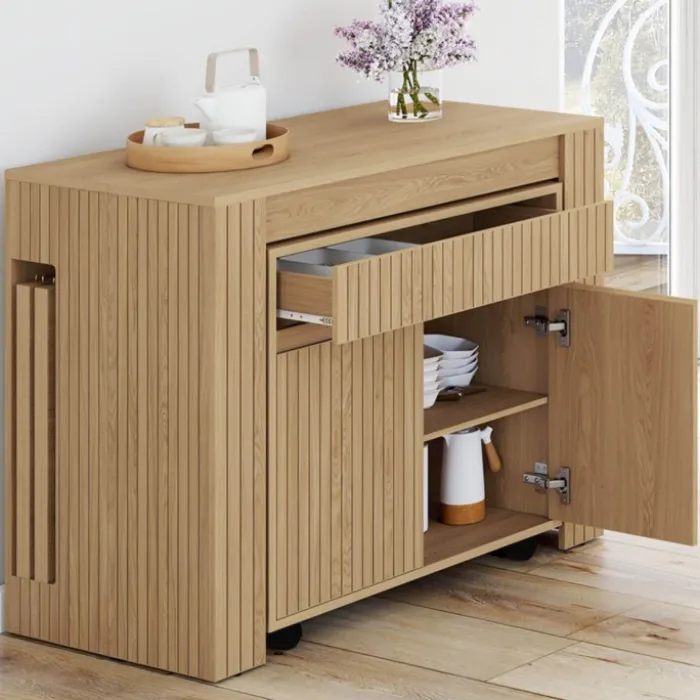 Table buffet extensible JULIETTE 10 personnes 235 cm effet lattes tasseau bois coloris chêne