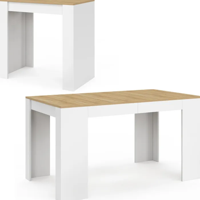 Table console extensible 140 cm blanc et bois façon hêtre