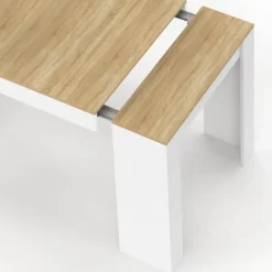 Table console extensible 140 cm blanc et bois façon hêtre