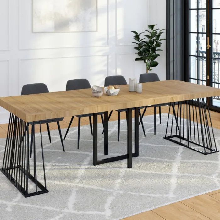Table console extensible 10 personnes 235 cm plateau bois et pied filaire en métal noir