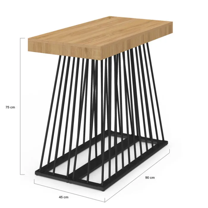 Table console extensible 10 personnes 235 cm plateau bois et pied filaire en métal noir