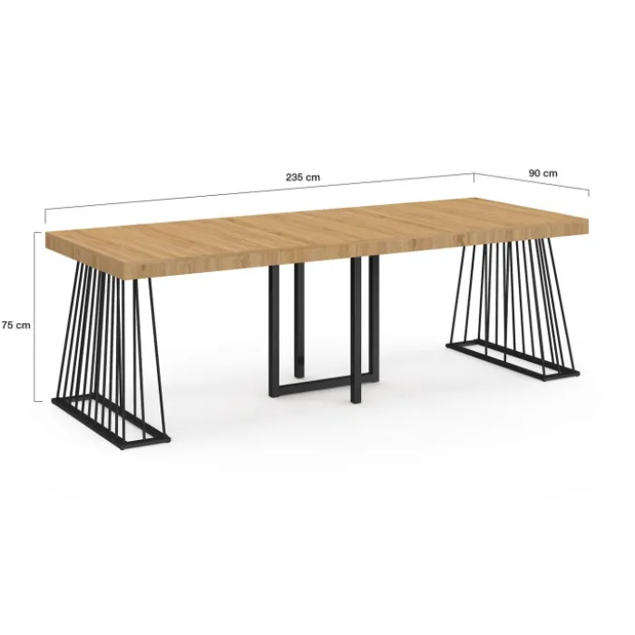 Table console extensible 10 personnes 235 cm plateau bois et pied filaire en métal noir