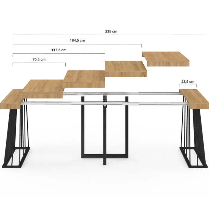Table console extensible 10 personnes 235 cm plateau bois et pied filaire en métal noir