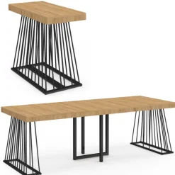 Table console extensible 10 personnes 235 cm plateau bois et pied filaire en métal noir