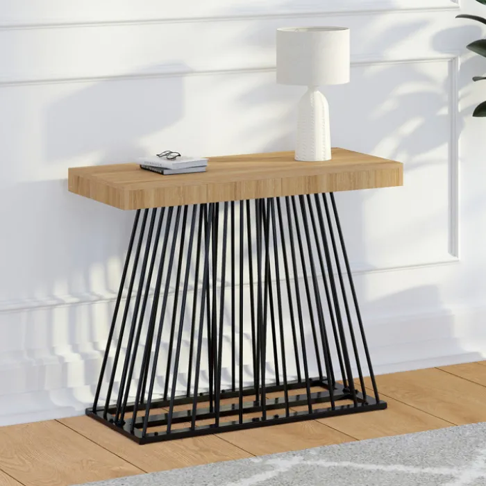 Table console extensible 10 personnes 235 cm plateau bois et pied filaire en métal noir