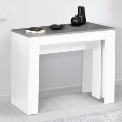 Table console extensible bois blanc et effet béton 10 personnes