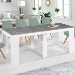 Table console extensible bois blanc et effet béton 10 personnes