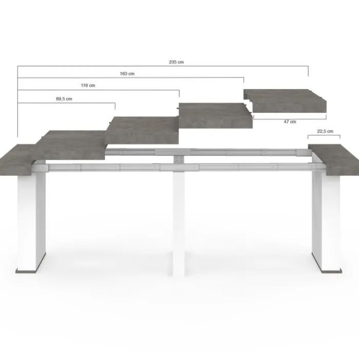 Table console extensible 10 personnes 235 cm béton et blanc