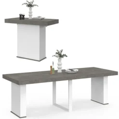 Table console extensible 10 personnes 235 cm béton et blanc