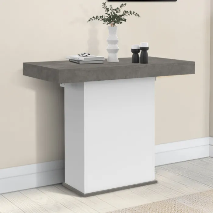 Table console extensible 10 personnes 235 cm béton et blanc