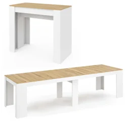 Table console extensible bois blanc et façon hêtre 300 cm 14 personnes