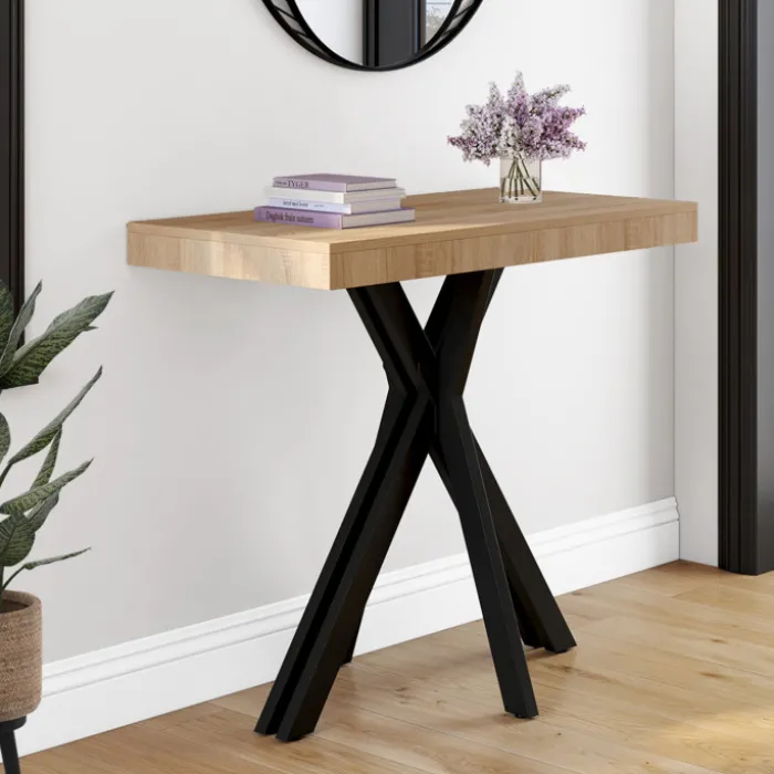 Table console extensible 10 personnes 235 cm coloris bois et noir