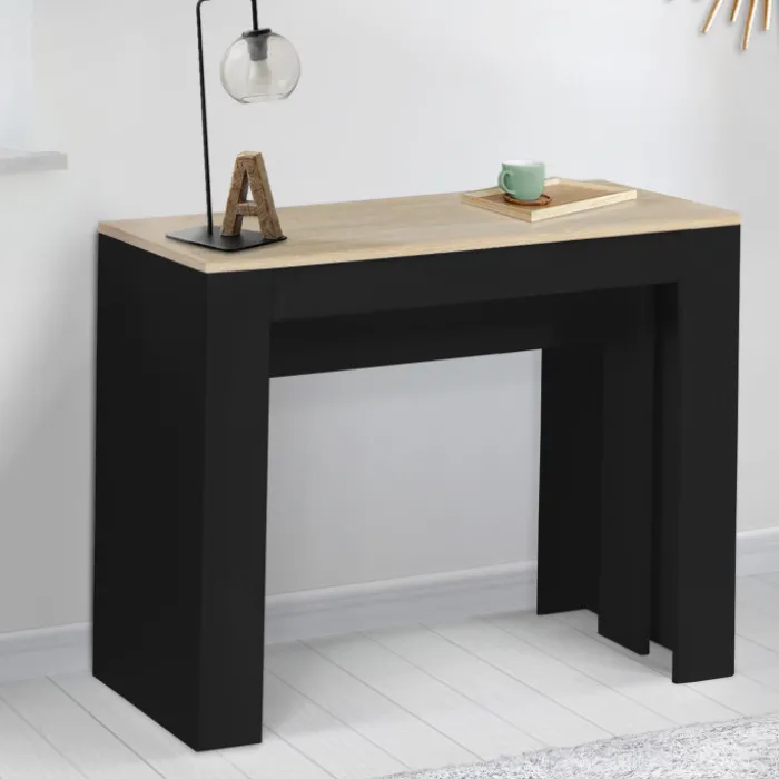 Table console extensible 14 personnes bois noir et façon hêtre